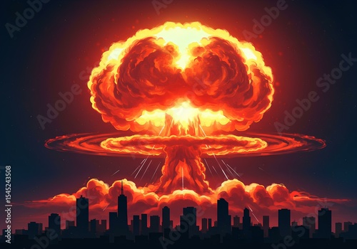 A mushroom cloud rises above a silhouetted cityscape after a nuclear explosion, with fiery orange and red hues dominating the scene.