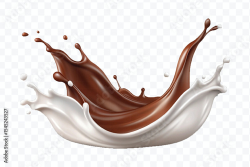abstract 3d smooth liquid chocolate with white milk splash in crown style isolated on transparent background	

