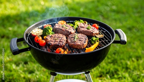 Grilling steaks and vegetables on barbecue.