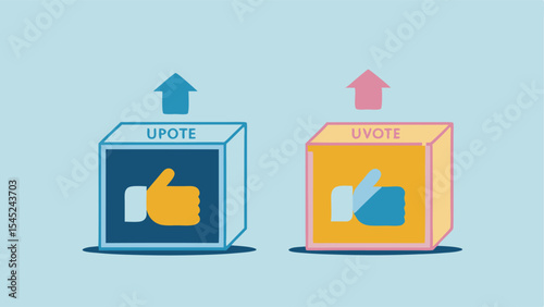 Illustration of two voting boxes with thumbs up and arrows on a light blue background color scheme
