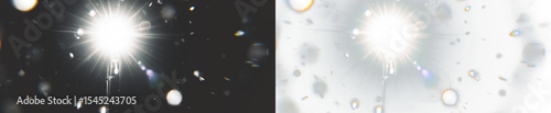 Soft out-of-focus bokeh elements with radiating beams and lens flares, bright light source on transparent background
