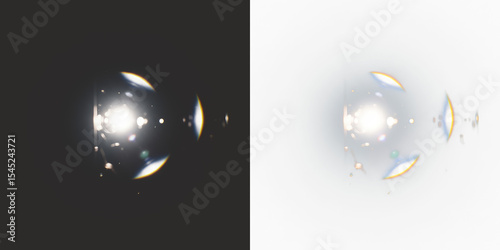 Scattered light particles with prominent lens flares, central light source on transparent background