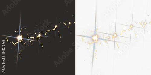 Star-like light bursts with radiating lines and scattered glowing particles on transparent background