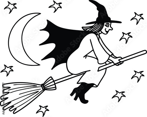 A Halloween witch with a broomstick, black hat, and cat flies under a crescent moon, a fun and magic illustration, halloween creature, halloween icon, halloween visual