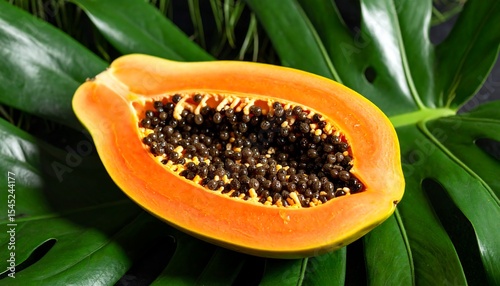 Halfcut papaya on tropical green leaf.