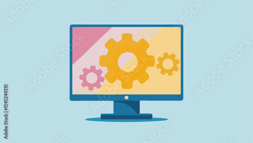 Computer screen displaying gears in yellow and pink colors on a light blue background scene setup