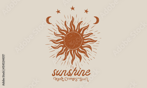 Here comes the sun. Sunshine paradise artwork. Abstract sun artwork. Summer good vibes vector graphic design for apparel, posters, background and others. Sun, moon, star artwork.