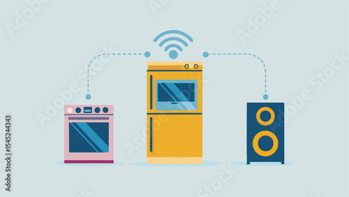 Illustration of smart home appliances connected to wifi including oven fridge and speaker system
