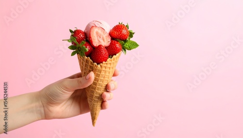 Hand holding ice cream cone with berries.