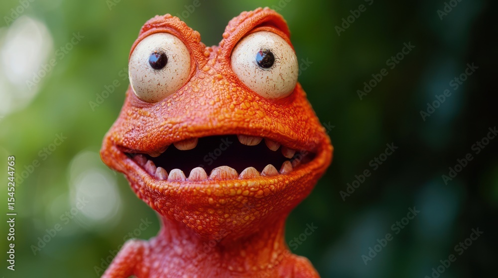 Fototapeta premium A red and orange frog with a large mouth and eyes, standing on a green leaf with a blurred background.