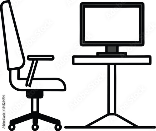 Remote work vector Line art illustration Ergonomic Desk Setup with Adjustable Chair and Monitor