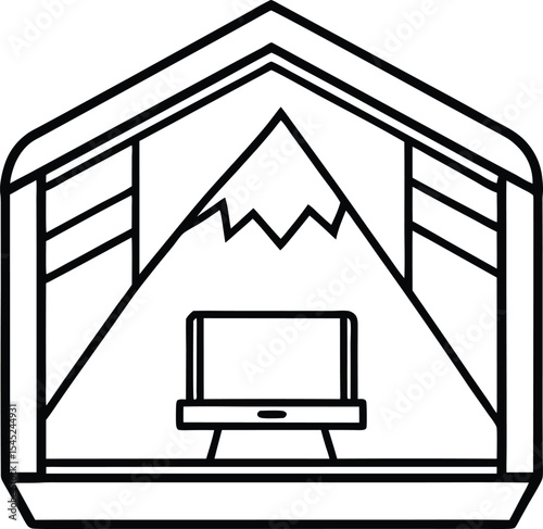 Remote work vector Line art illustration Mountain Retreat Workspace with Scenic Cabin View