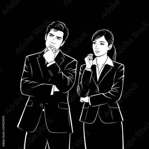 Business people contemplating ideas in professional attire on black background  