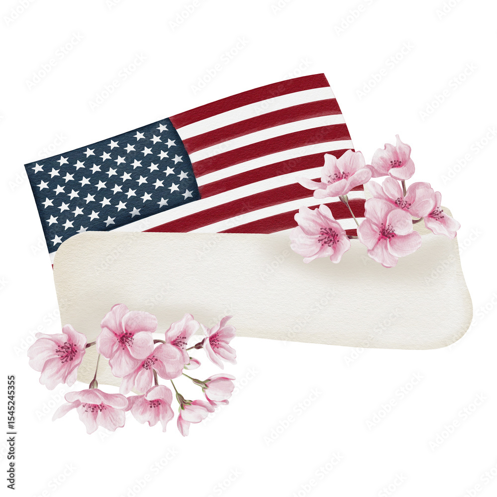 Obraz premium United States of America flag and flowers. White ribbon for text. Pink cherry blossoms. Washington D.C. Cherry Blossom Festival. Watercolor illustration. Hand drawn.