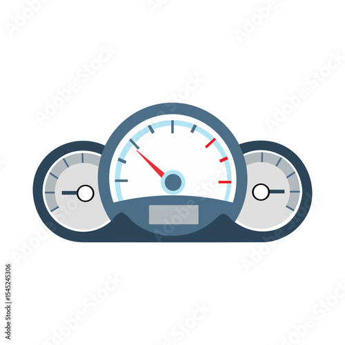 Flat vector illustration of car dashboard speedometer with analog gauges and red needle, vehicle performance indicator concept for speed, RPM, fuel level, automotive UI, driving, and mechanics