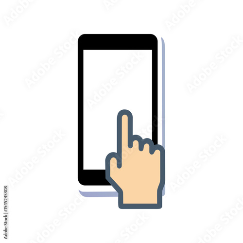 Vector icon of hand touching smartphone screen, modern mobile device interaction with tap gesture, touchscreen interface concept for apps, digital UI, technology, user input, and communication