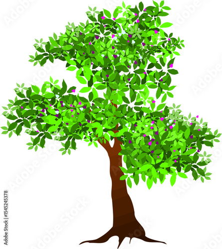 Lush Tree Illustration: A vibrant tree with lush green foliage and tiny purple flowers blooms, depicted in a detailed illustration against clean backdrop.