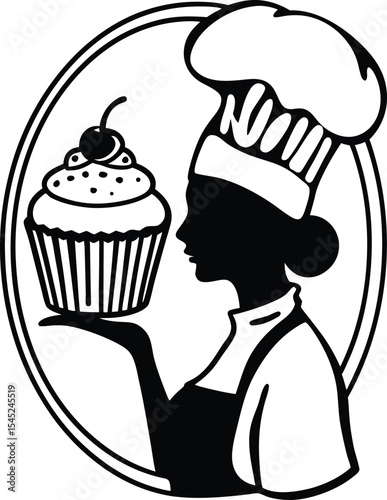 A funny cartoon chef with a tall hat presents a delicious cake, perfect for any bakery or restaurant's fun food illustration, sprinkles, plate, adorable, presentation, doodle