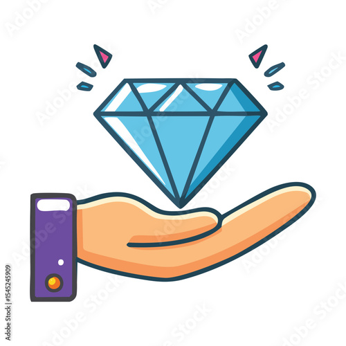 An illustrated hand holding a sparkling diamond with glowing light