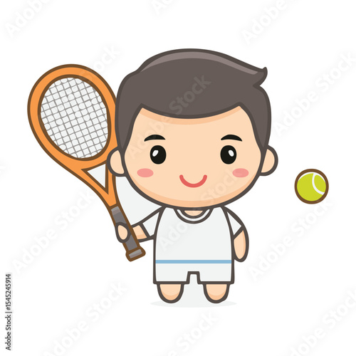 A cartoon tennis player ready to play. The cute character is smiling and holding a racket with a ball