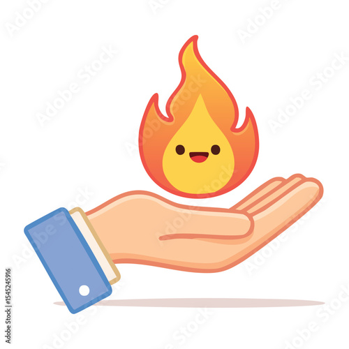 A hand holding a smiling flame, the image embodies ideas like support, care, and the nurturing of potential