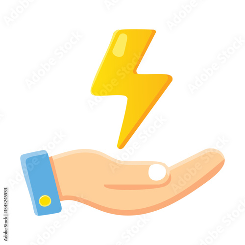 Hand holding a lightning bolt symbol, representing power, energy, and innovation.