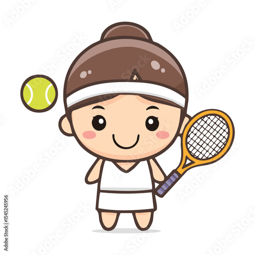 Cartoon illustration of a tennis girl holding a racket with a tennis ball