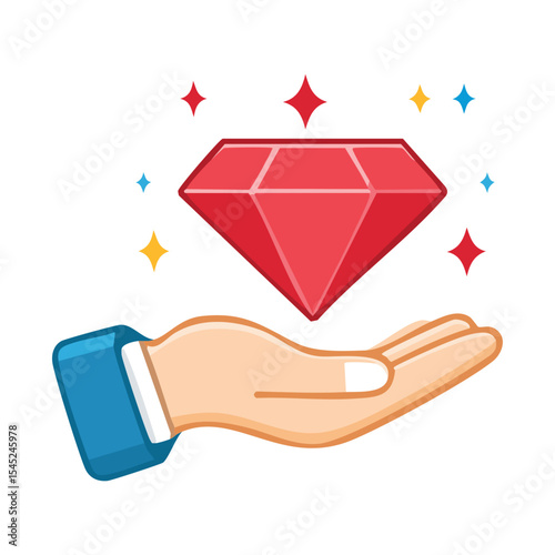 A red diamond held gently in an open hand, sparkling with vibrant light