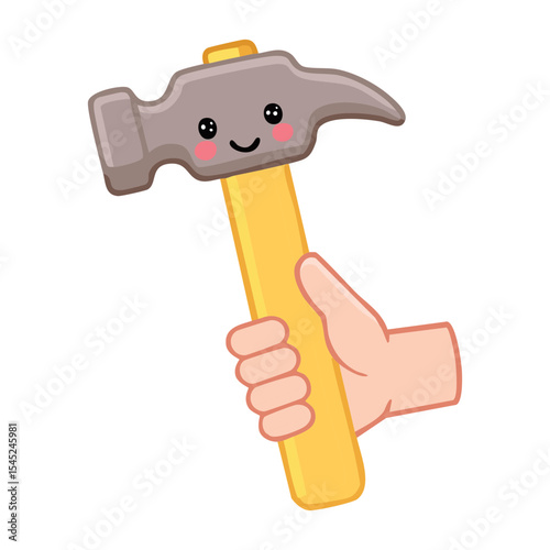 A friendly hammer held by a hand, ready for some handy work. This tool makes construction look easy