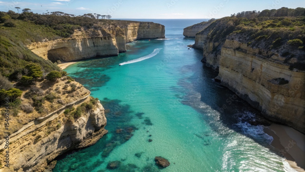 Fototapeta premium Aerial view of turquoise waters and cliffs along the coastline 