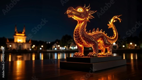 Stunning illuminated dragon sculpture shines at night festival near a tranquil lake with twinkling city lights in the background