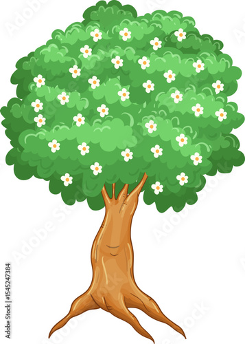 Flowering Tree: A vibrantly illustrated flowering tree, bursting with lush green leaves and delicate white blossoms, embodies the beauty of springtime and growth.