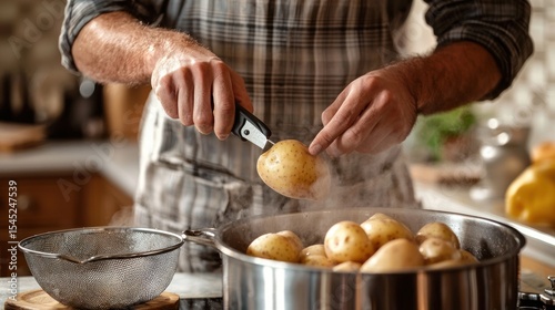 A man peeling a potato with a handheld peeler, with a pot of boiling water and a colander next to him in a cozy kitchen
