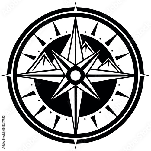 Compass rose design with mountain range illustration