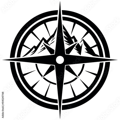Detailed compass rose design with mountain range illustration