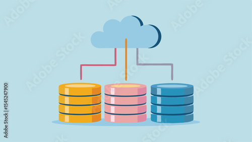 Illustration of cloud computing with database storage servers connected to a central cloud system