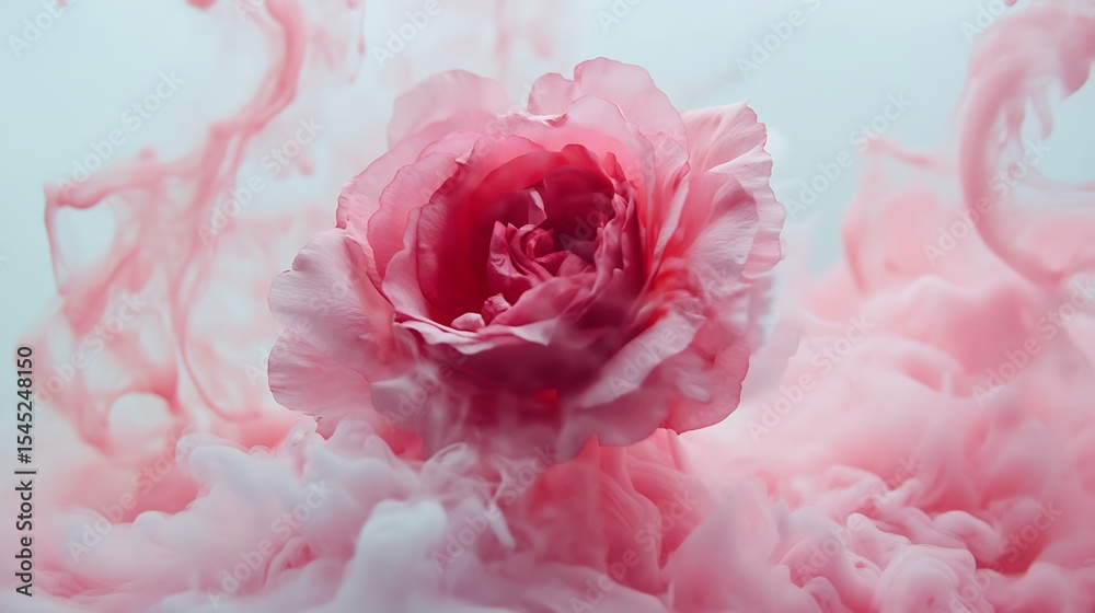 Fototapeta premium Delicate pink rose blooms amidst swirling soft clouds of rosy smoke against a light background