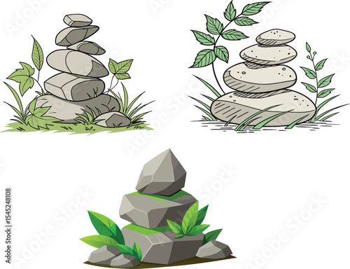 Sets of realistic stack of rough stones with green leaves. smooth river stones, stacked zen pebbles, balanced rocks, natural texture, soft earthy tones.