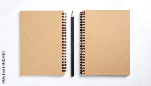 Notebooks and pencil on white backdrop.