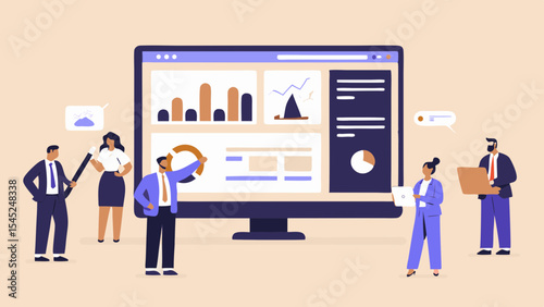 Business Team Analyzing Data on a Large Computer Screen with Charts and Graphs in a Meeting