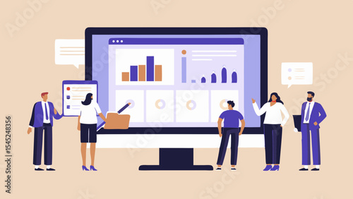 Business Team Analyzing Data on a Large Computer Screen with Charts and Graphs in a Meeting