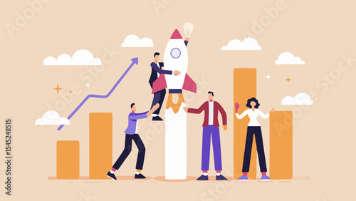 Teamwork launching a rocket to success with business growth and innovation for startup company flat vector illustration