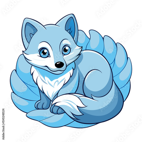 Curious arctic fox curled in snow on white background