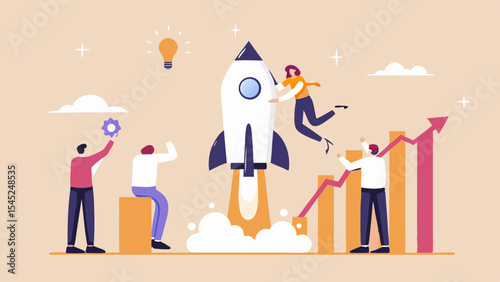 Team Launching Startup Rocket for Business Growth and Success with Innovative Ideas and Market Development Strategies