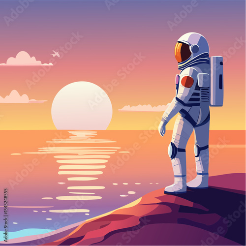 Astronaut Contemplating a Vibrant Sunset Over a Calm Body of desert land