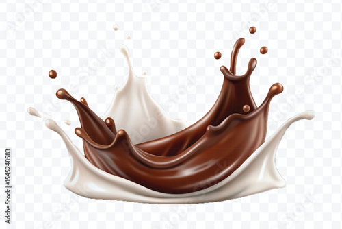 abstract 3d smooth liquid chocolate with white milk splash in crown style isolated on transparent background	
