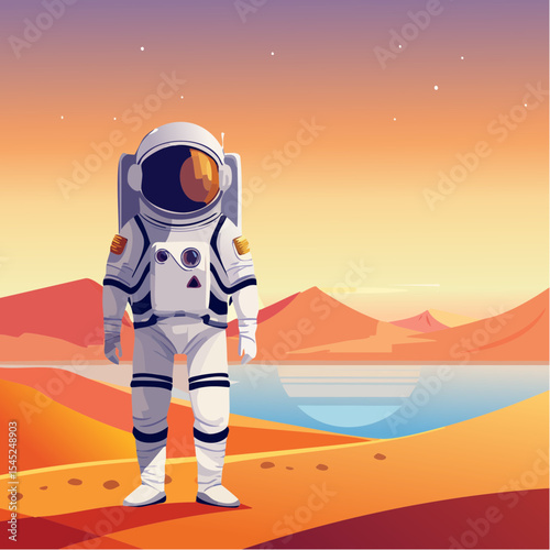Astronaut Contemplating a Vibrant Sunset Over a Calm Body of desert land