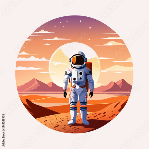Astronaut Contemplating a Vibrant Sunset Over a Calm Body of desert land