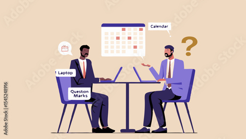 Businessmen Discussing Calendar and Deadlines with Laptops and Question Marks Illustrating Project Management and Scheduling Challenges in the Workplace