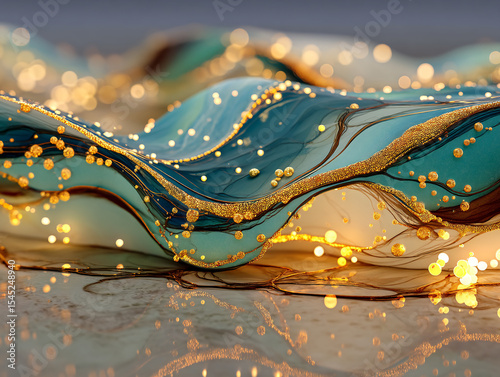 vibrant and abstract scene featuring flowing, translucent fabrics in shades of gold and brown, adorned with colorful, glowing spheres scattered throughout the space. The background is a gradient
